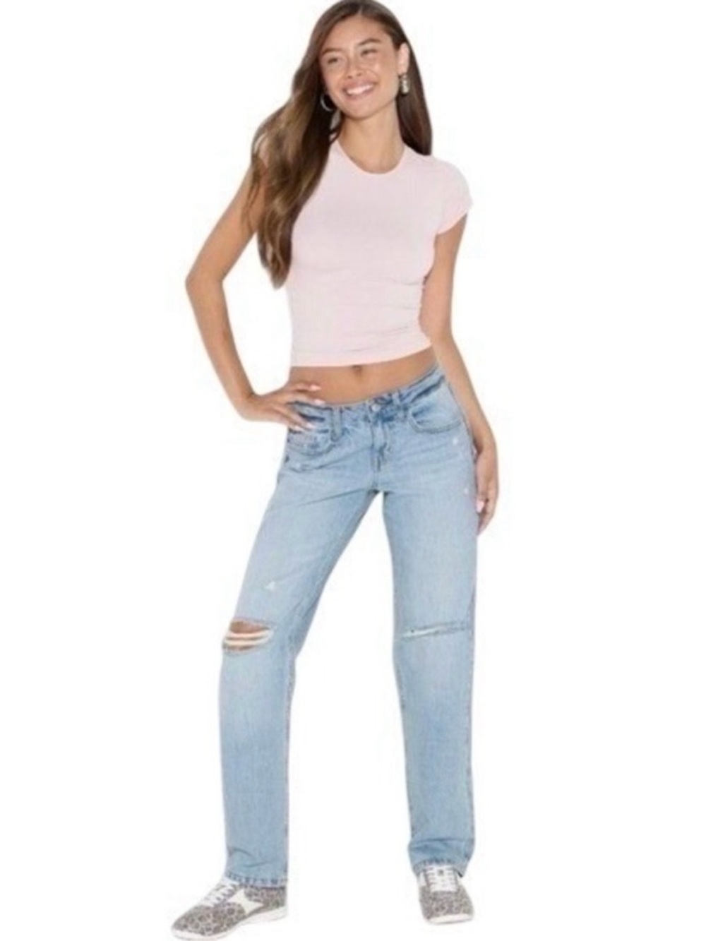Light Wash Mid Rise Straight Leg Jeans Distressed Ripped Denim Y2K 90s Size 6